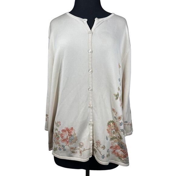Talbots Woman Silk Blend Button Up Floral Cardigan Cream 3/4 Sleeves Size 2X - Picture 1 of 16